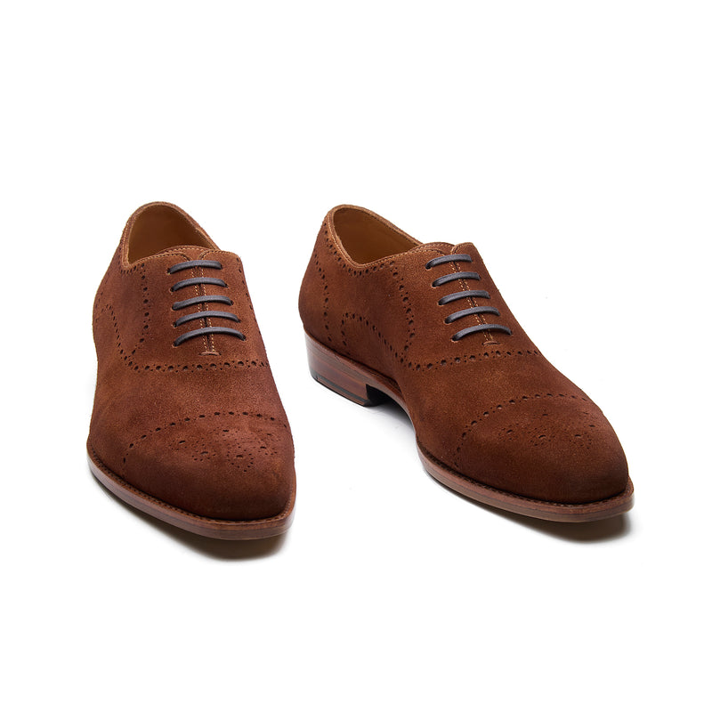 Constello, True Seamless | Faux Cap-toe Semi Brogue, Hand Welted - Castorino Suede French Brown