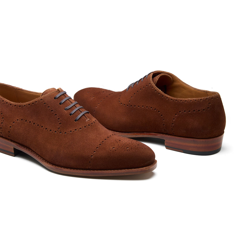 Constello, True Seamless | Faux Cap-toe Semi Brogue, Hand Welted - Castorino Suede French Brown